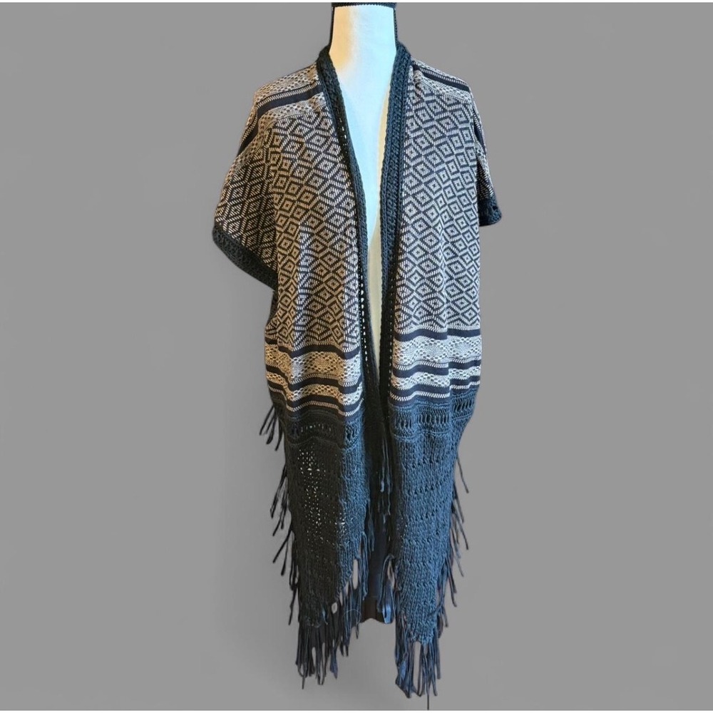 Beige and Black Fringe‎ Trim Cardigan